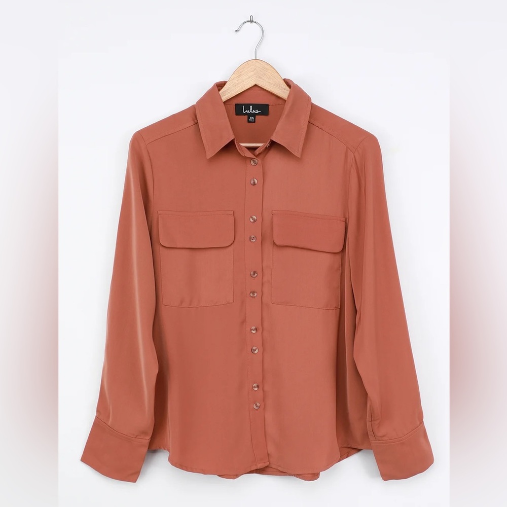 Lulus Adventure Seeking Terra Cotta Long Sleeve Button Top